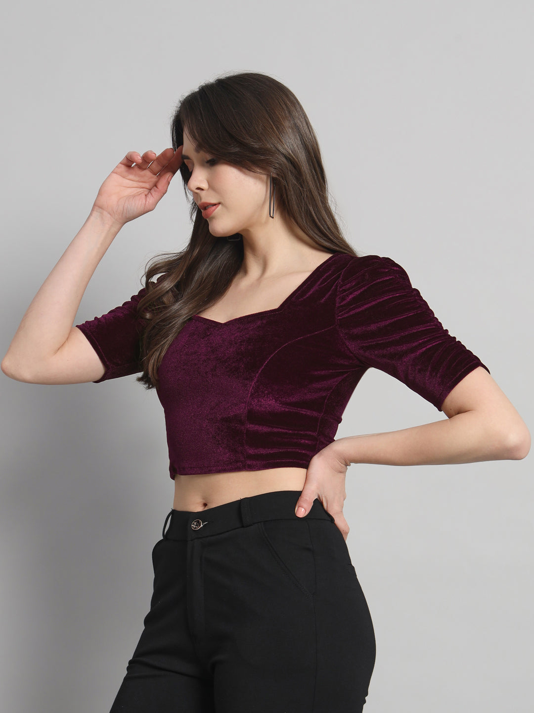 Puff Sleeves Velvet Blouse Tops Maroon