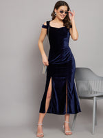 Maxi Style Cold Shoulder Bodycon Party Dress Navy Blue