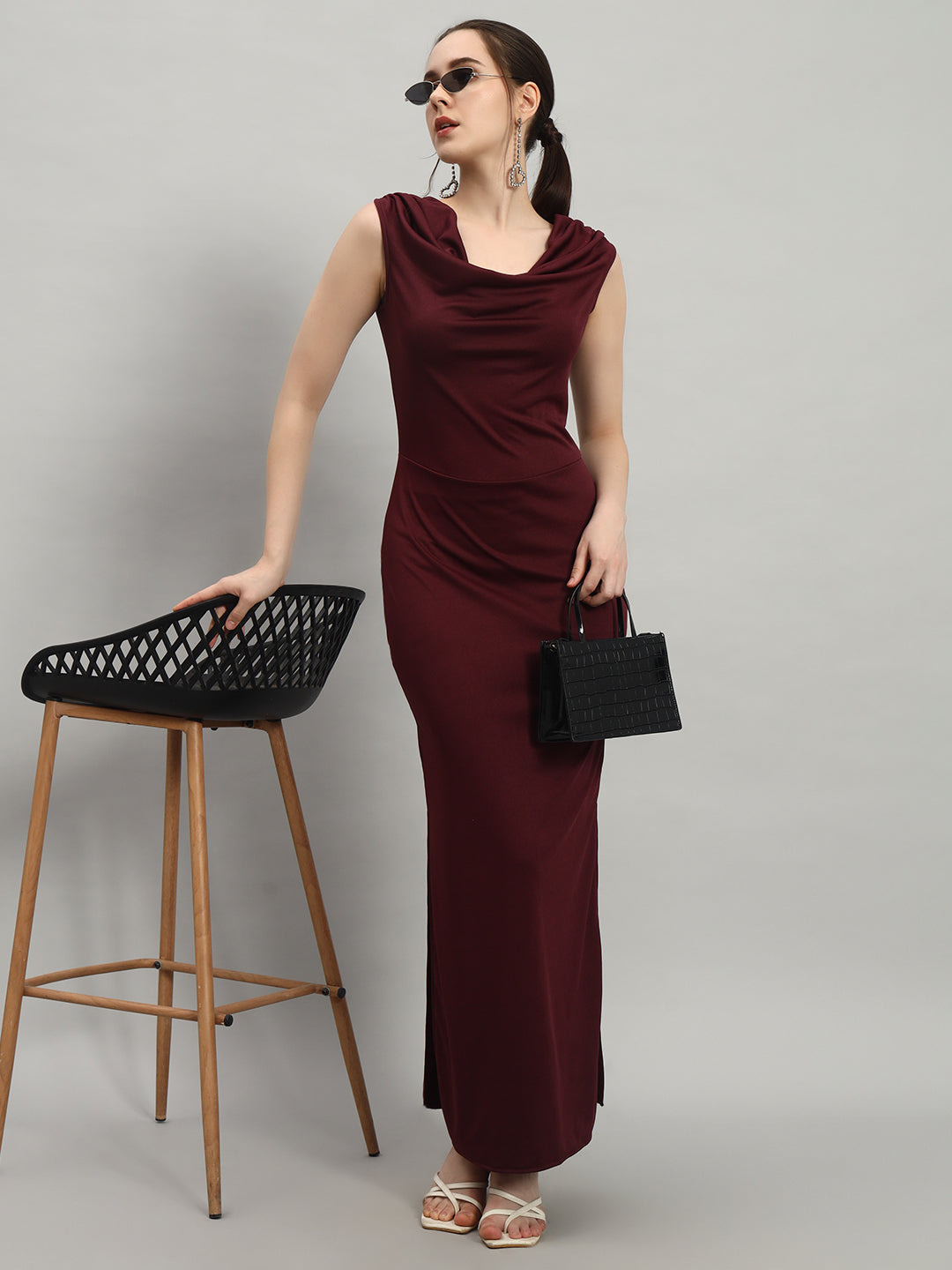 Lycra Cowl Neck Bodycon Maxi Sleeveless Party Dress Scarlet Red