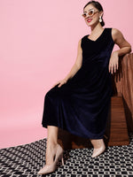 A-Line Velvet V-Neck Tops Sleeveless Party Dress Navy Blue