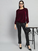 Round Neck Puff Sleeves Blouson Top Sporty Maroon