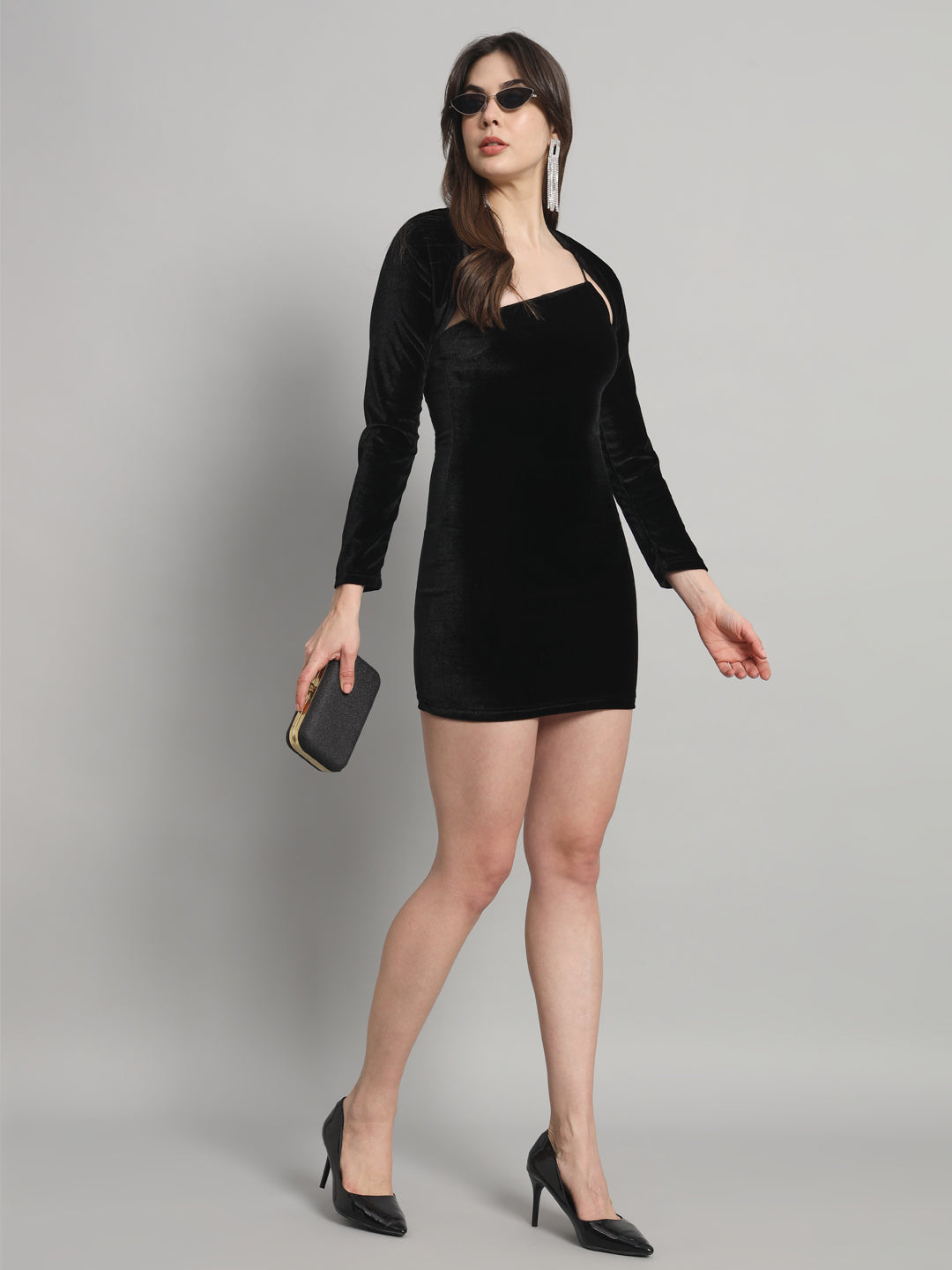 Asymmetrical Neckline & Detachable Sleeve Design Velvet Co-Ord Dress