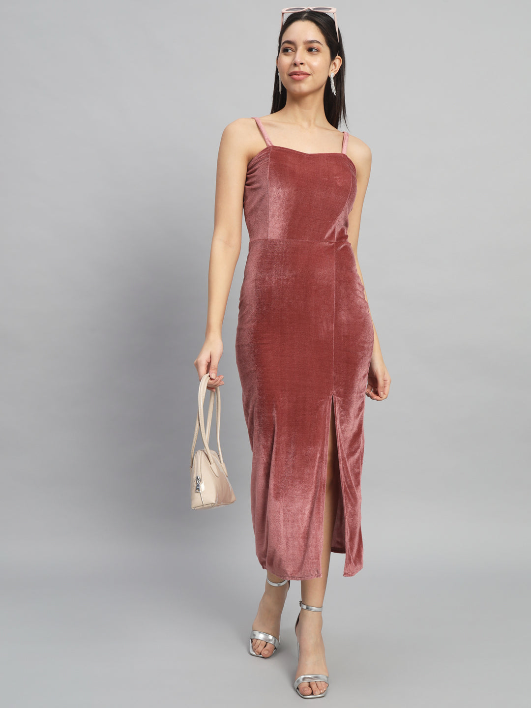 Maxi Sleeveless Velvet Square Neck Bodycon Dress Dark Peach