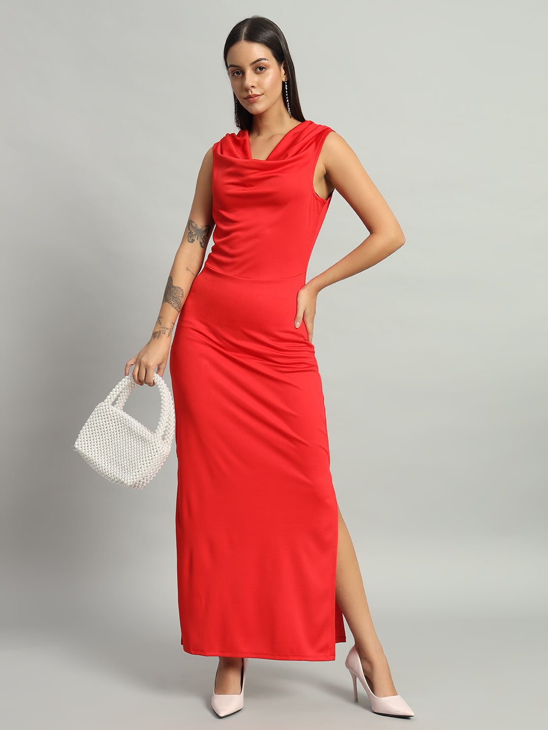 Lycra Cowl Neck Bodycon Maxi Sleeveless Party Dress Scarlet Red