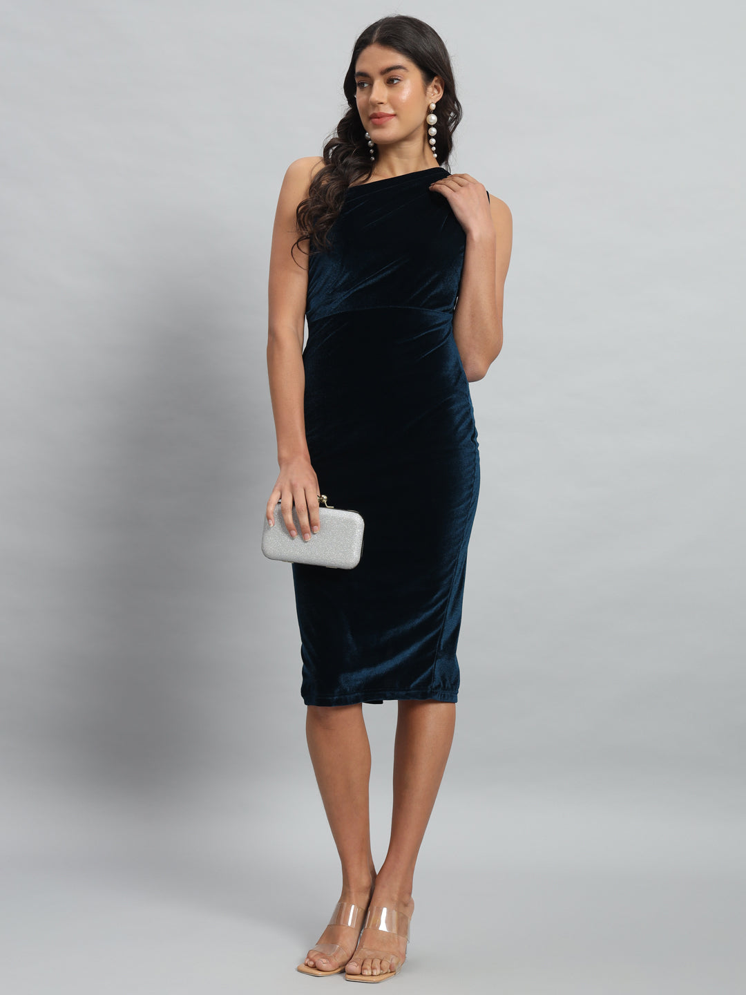 Back Slit Bodycon Party Dress One Shoulder Peacock blue