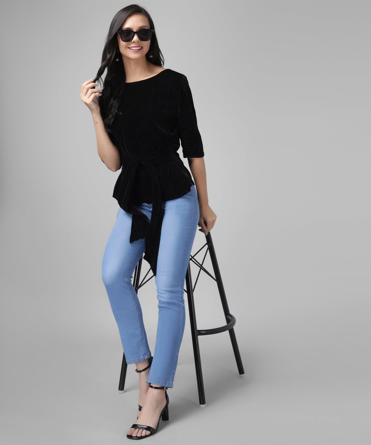 Velvet Tie-Up Peplum Top for Women