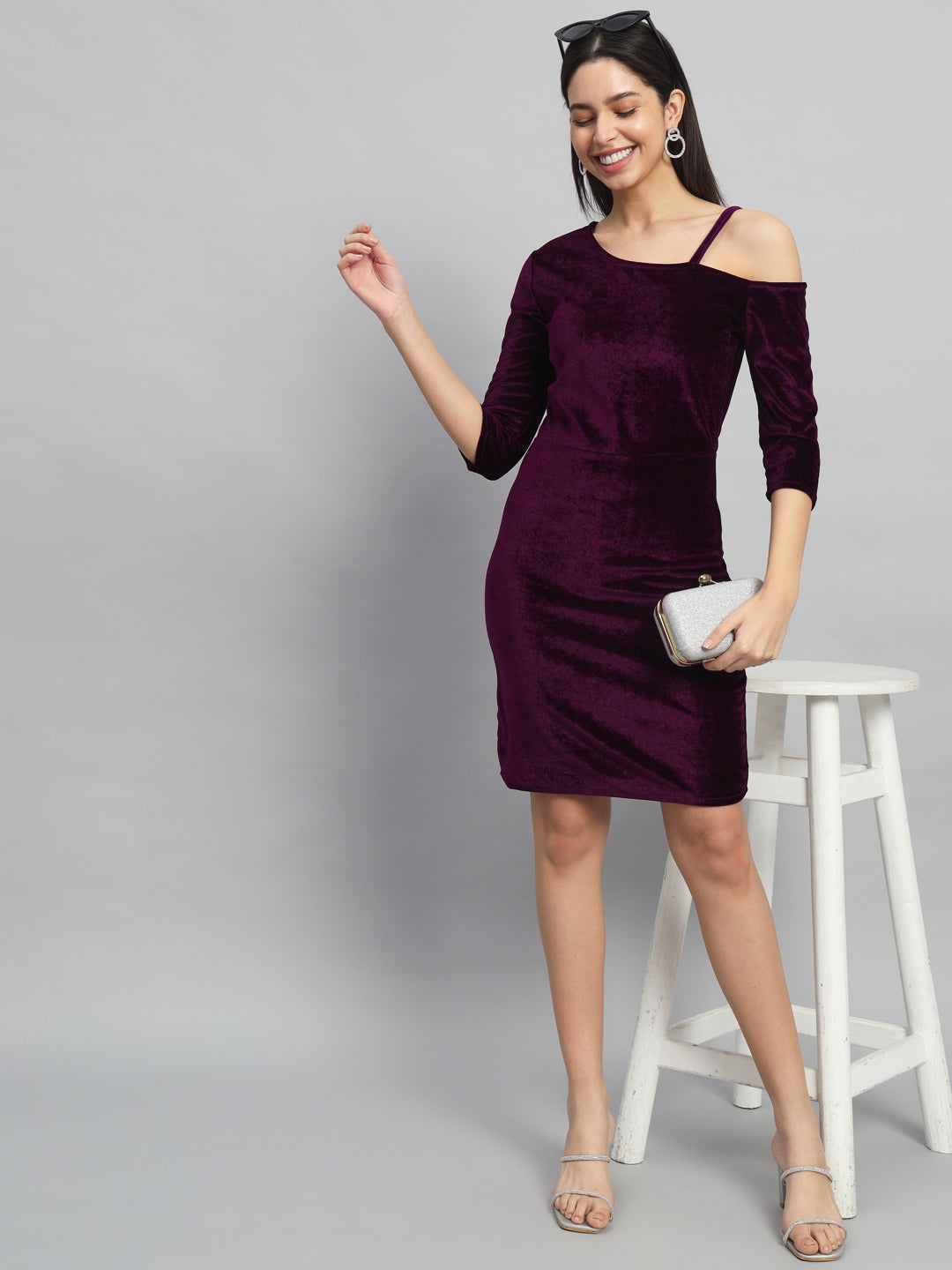 Velvet One Cold Shoulder Bodycon Party Dress Maroon