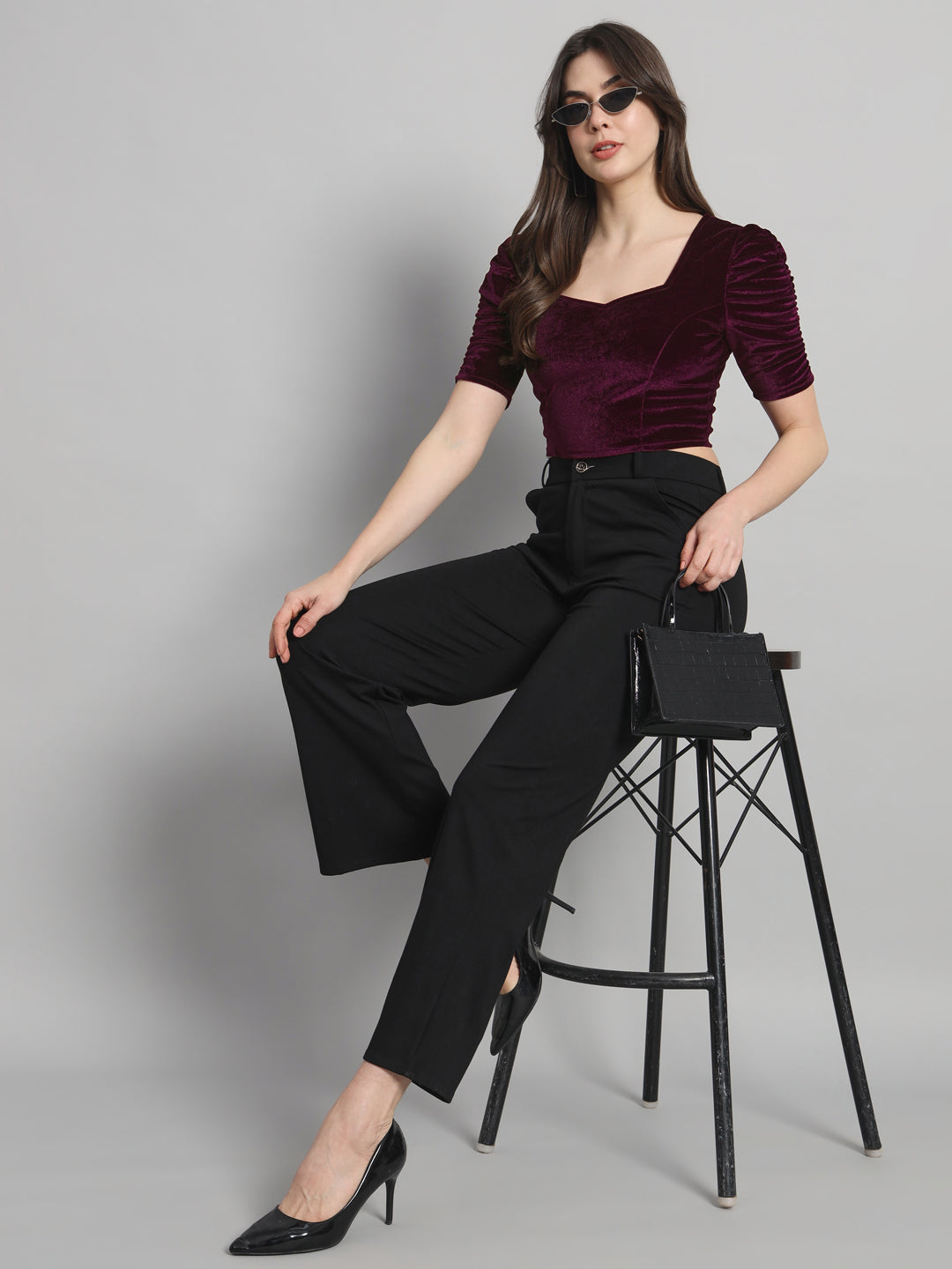 Puff Sleeves Velvet Blouse Tops Wine