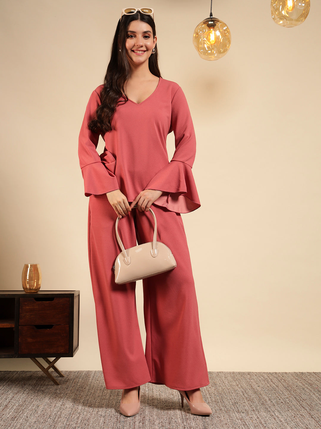 Flared Sleeve Top & Wide-Leg Pants Co-ord Set