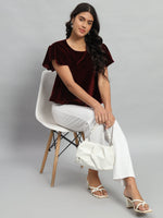 Short Sleeves Ruffles Stylish Party Top Maroon