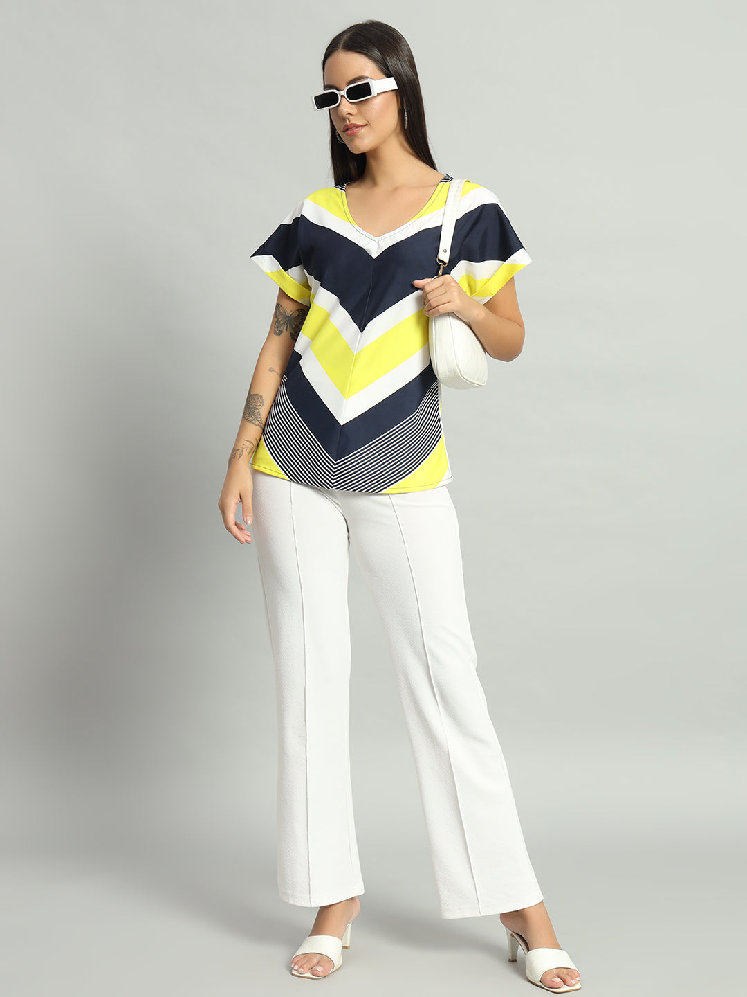 Crepe V-Cut Striped Short Sleeves Top Lemon Yellow