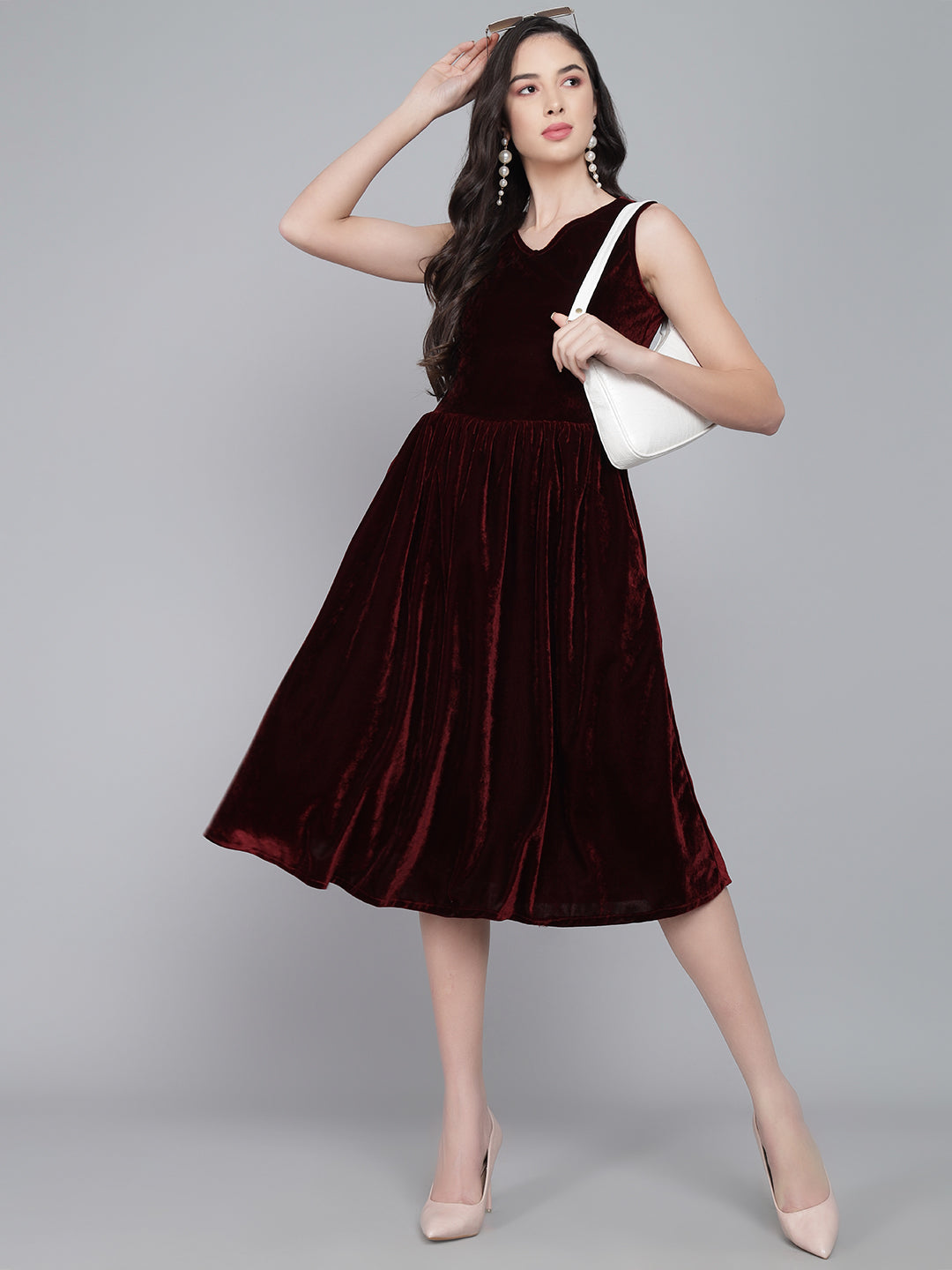 V-Neck Velvet Fit & Flare Midi Dress