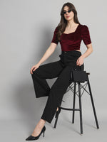 Puff Sleeves Velvet Blouse Tops Sporty Maroon