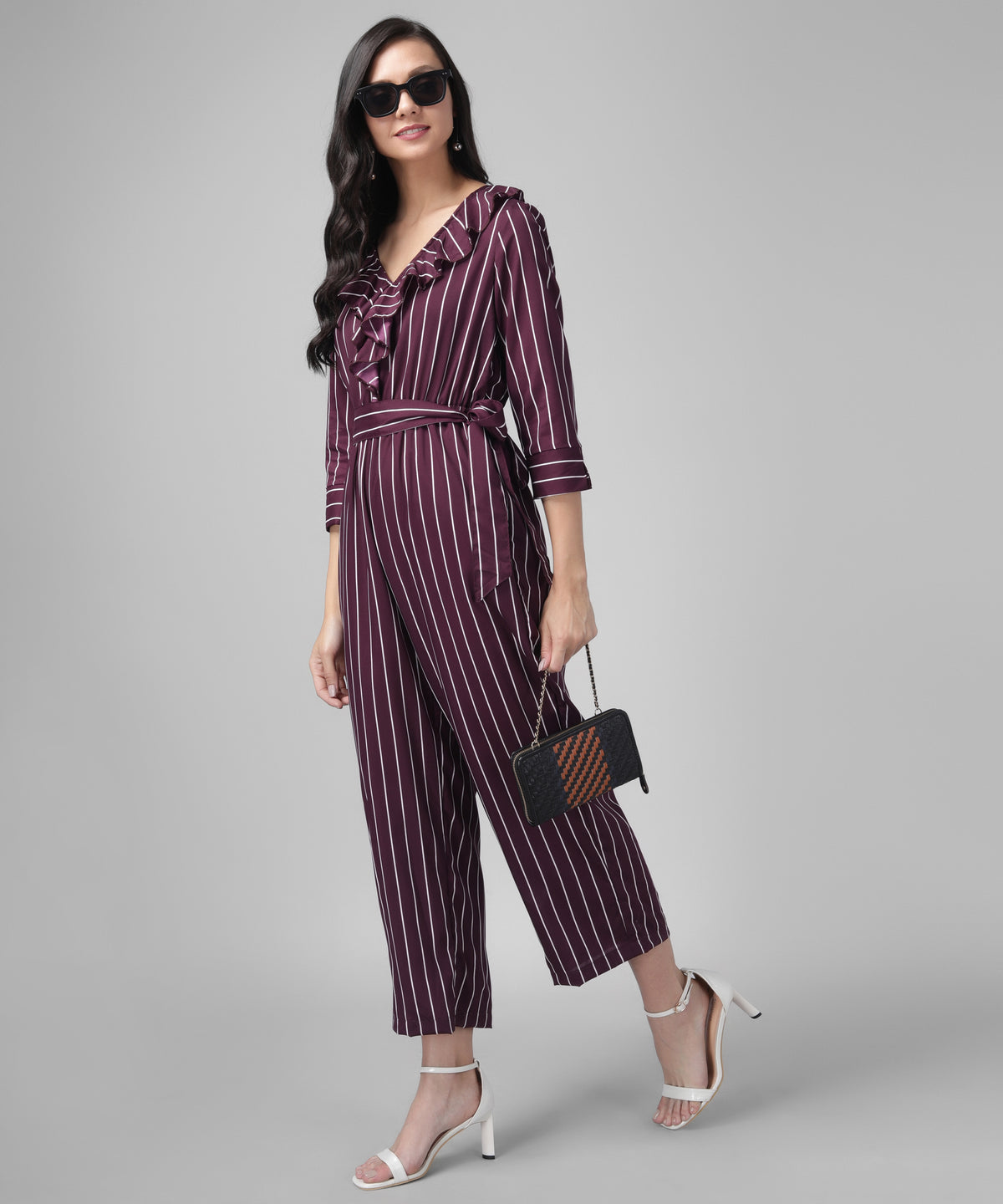 Crepe Quarter Sleeves V-Neck Stylish One Piece Party Jumpsuit