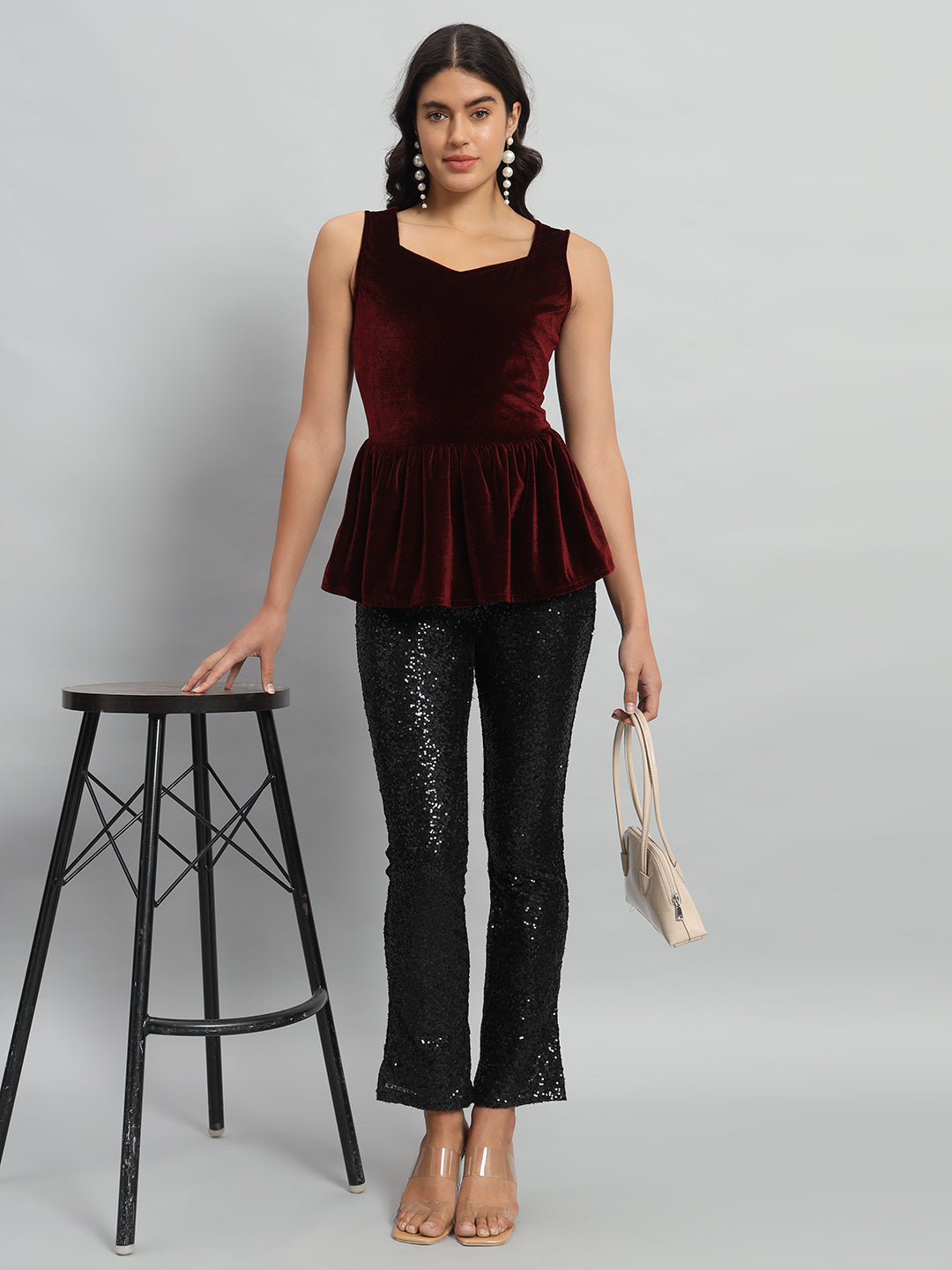 Waistline Ruffle Sleeveless Party Top Wine