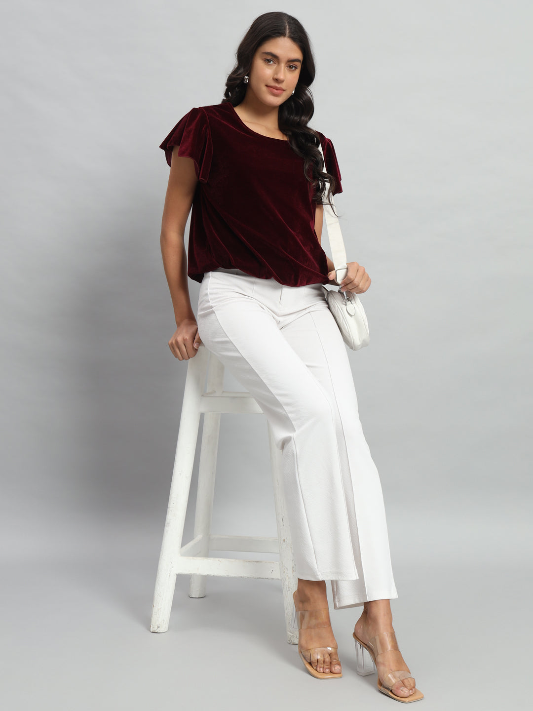 Short Sleeves Ruffles Stylish Party Top Wine