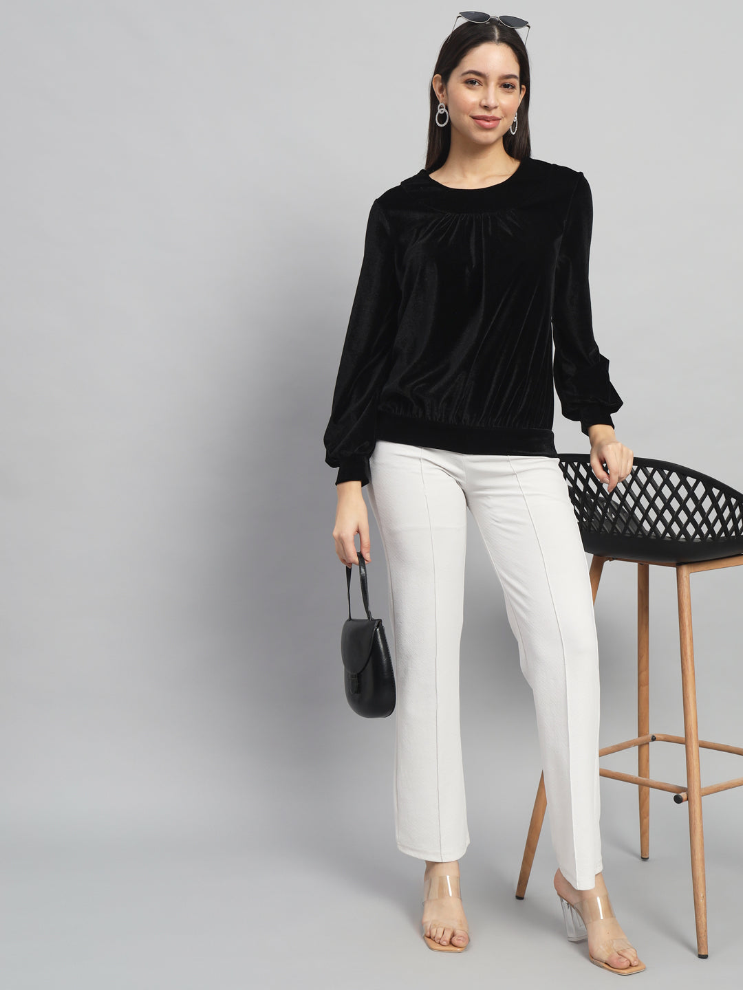 Round Neck Puff Sleeves Blouson Top Black