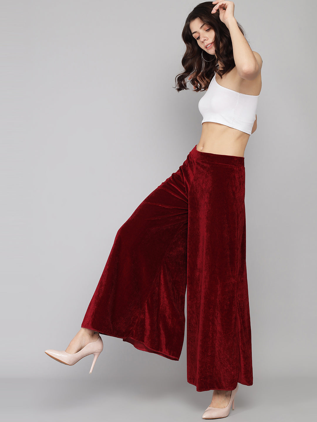 Wide Bottoms Stylish Palazzo Pants Party Trousers Maroon