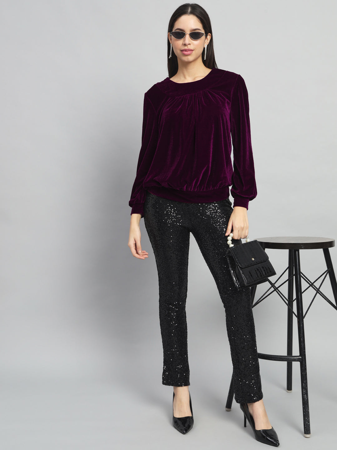 Round Neck Puff Sleeves Blouson Top Maroon