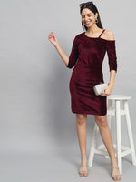 Velvet One Cold Shoulder Bodycon Party Dress Sporty Maroon