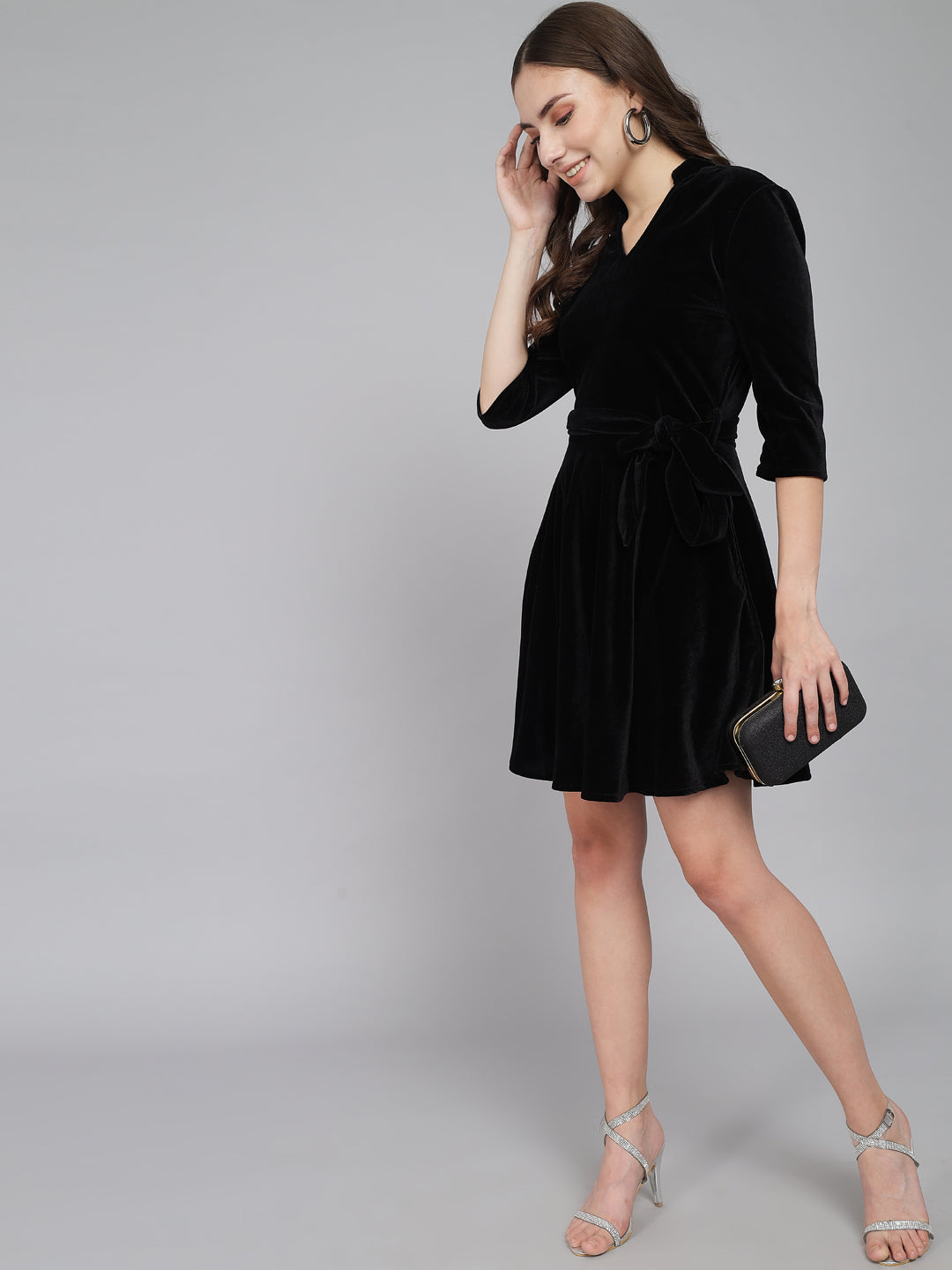 A-Line Quarter Sleeves V-Neck Party Dress Black