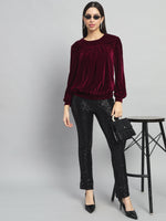 Round Neck Puff Sleeves Blouson Top Maroon