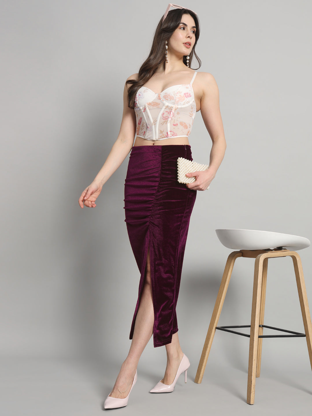 Ankle Length Long Ruched Party Skirt Wine