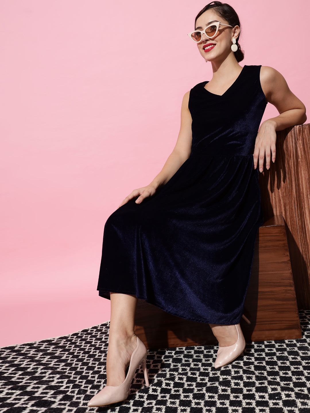 V-Neck Velvet Fit & Flare Midi Dress