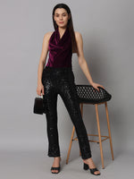 Halter Neck Top Velvet Sleeveless Party Outfit Wine