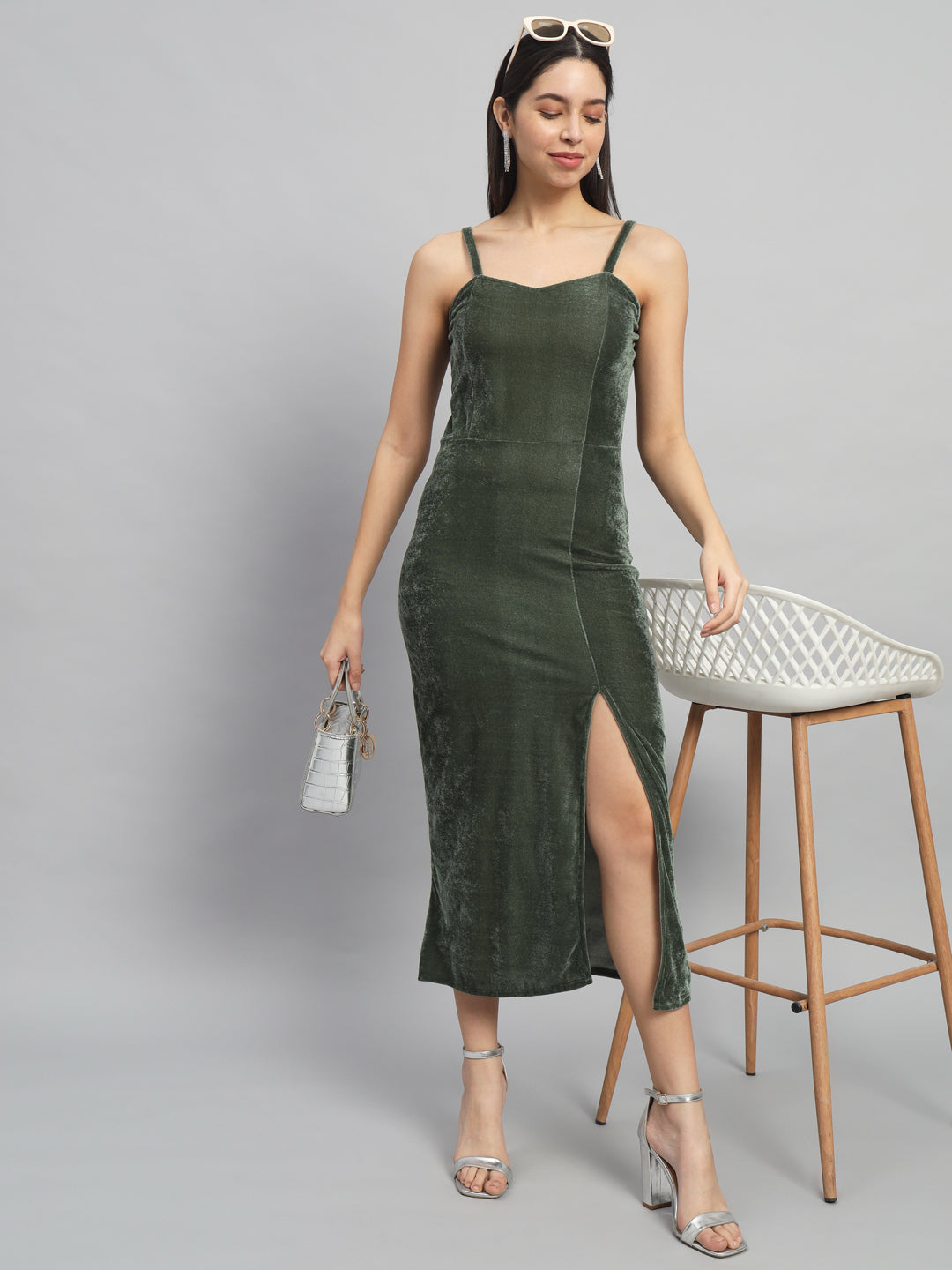 Maxi Sleeveless Velvet Square Neck Bodycon Dress Dark Olive Green