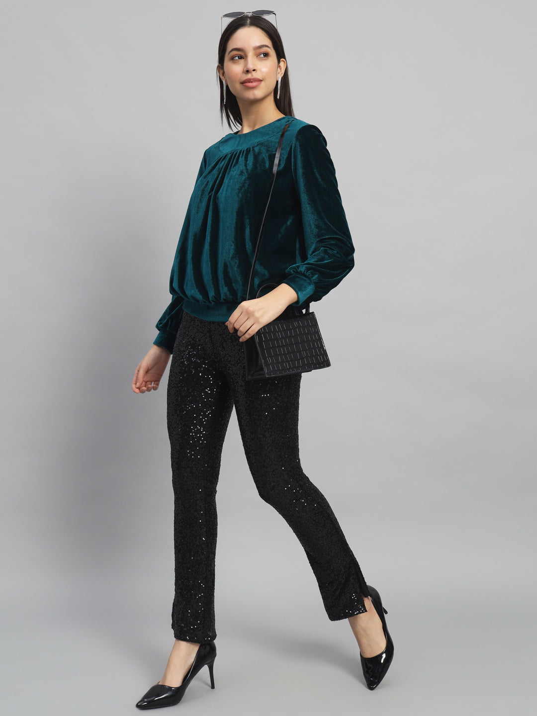 Round Neck Puff Sleeves Blouson Top Rama Green