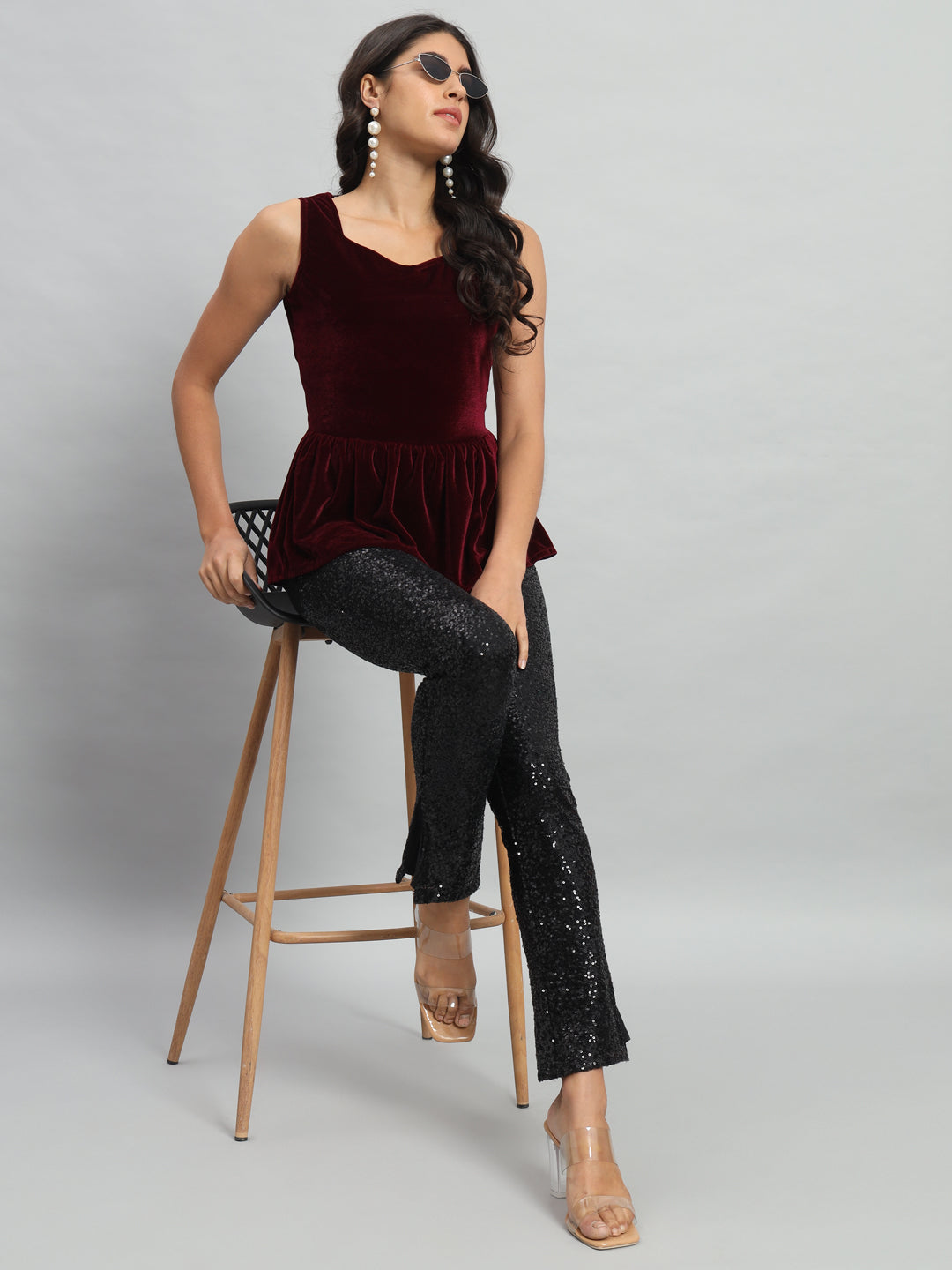 Waistline Ruffle Sleeveless Party Top Maroon