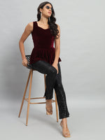 Waistline Ruffle Sleeveless Party Top Maroon