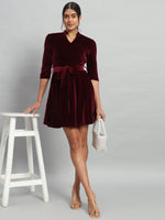 A-Line Quarter Sleeves V-Neck Party Dress Sporty Maroon