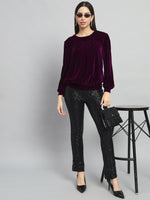 Round Neck Puff Sleeves Blouson Top Wine