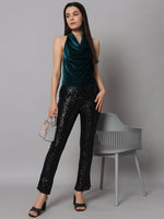 Halter Neck Top Velvet Sleeveless Party Outfit Black