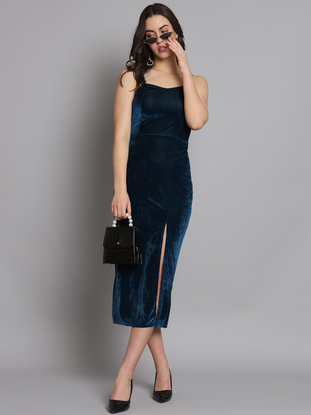 Maxi Sleeveless Velvet Square Neck Bodycon Dress Peacock Blue