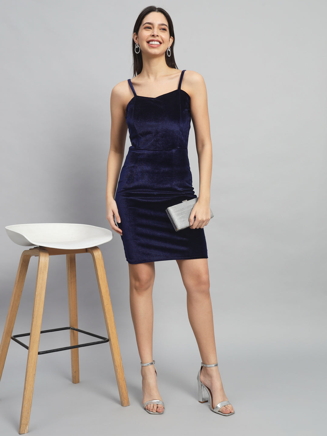 Shoulder Strap Sleeveless Bodycon Party Dress Navy Blue