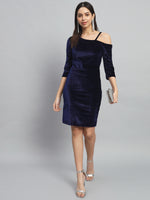 Velvet One Cold Shoulder Bodycon Party Dress Navy Blue