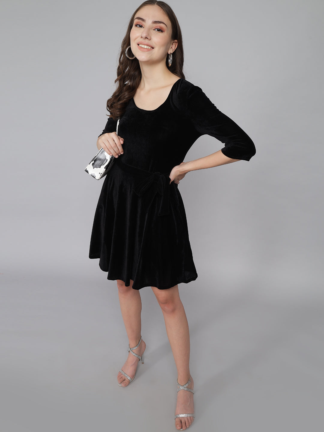 Tie-Ups Velvet A-Line Dress with Side Pockets