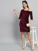 Velvet One Cold Shoulder Bodycon Party Dress Maroon