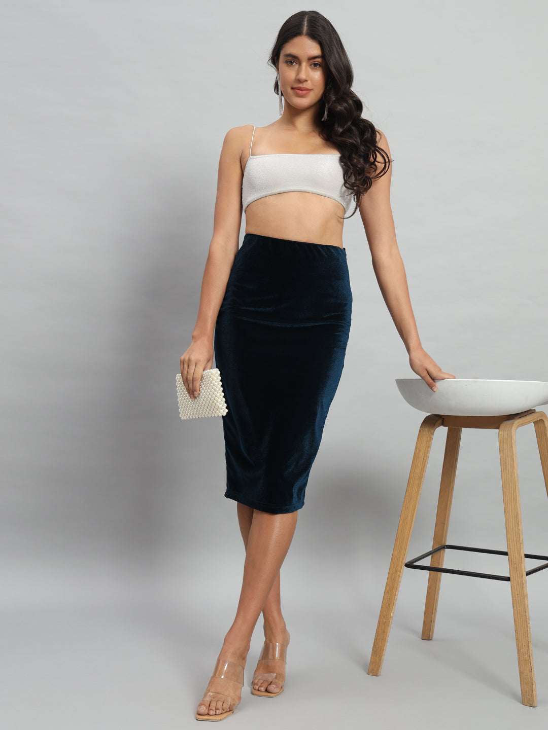 Back Slit nee Length Skirt for Women Peacock Blue