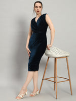 Deep V-Neck Shiny Velvet Sleeveless Party Dress Peacock Blue