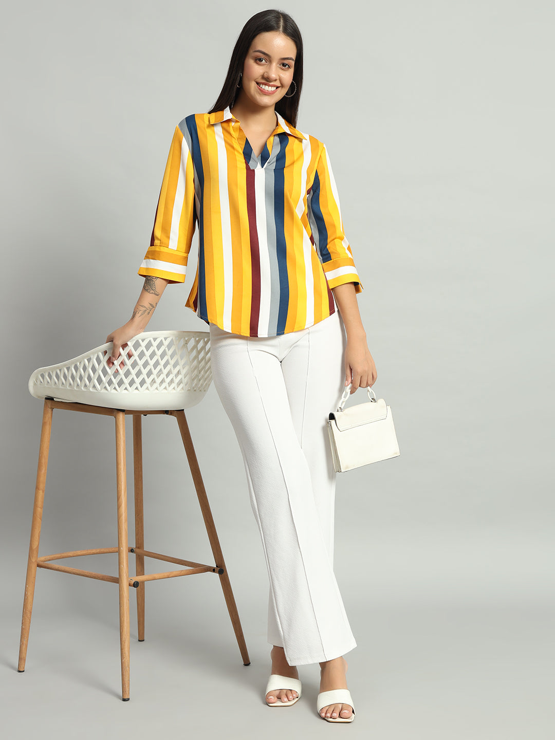Women Shirt Collar Striped Shirt Style Top
