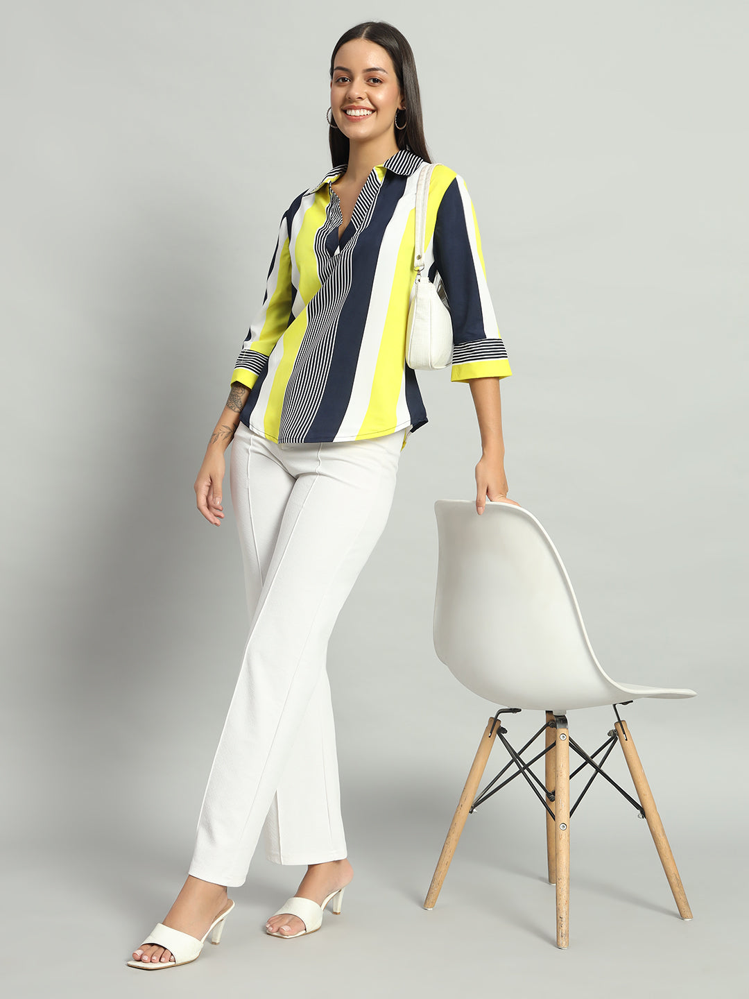 Crepe V-Neck Collared Quarter Sleeves Tops Dark Yellow