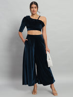 One Sleeve Crop Top with Palazzo Party Co-Ord Set Peacock Blue