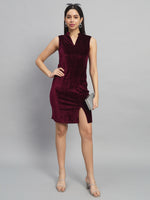 Mandarin Neck Sleeveless Bodycon Party Dress Maroon