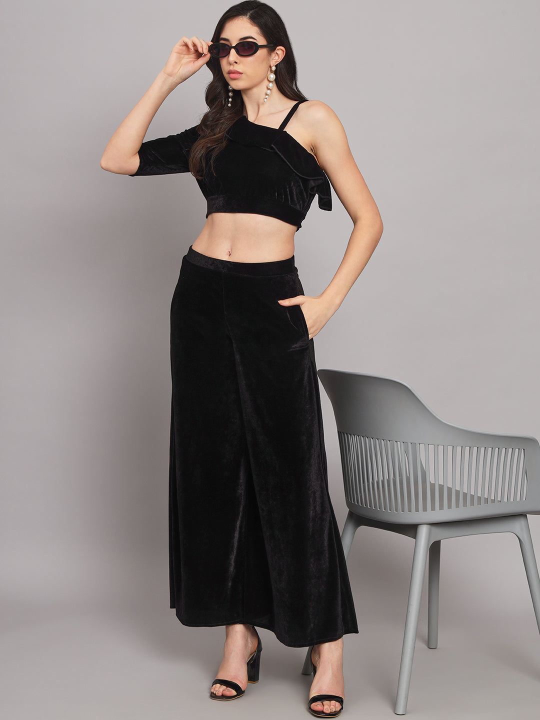 One Sleeve Crop Top with Palazzo Party Co-Ord Set Black