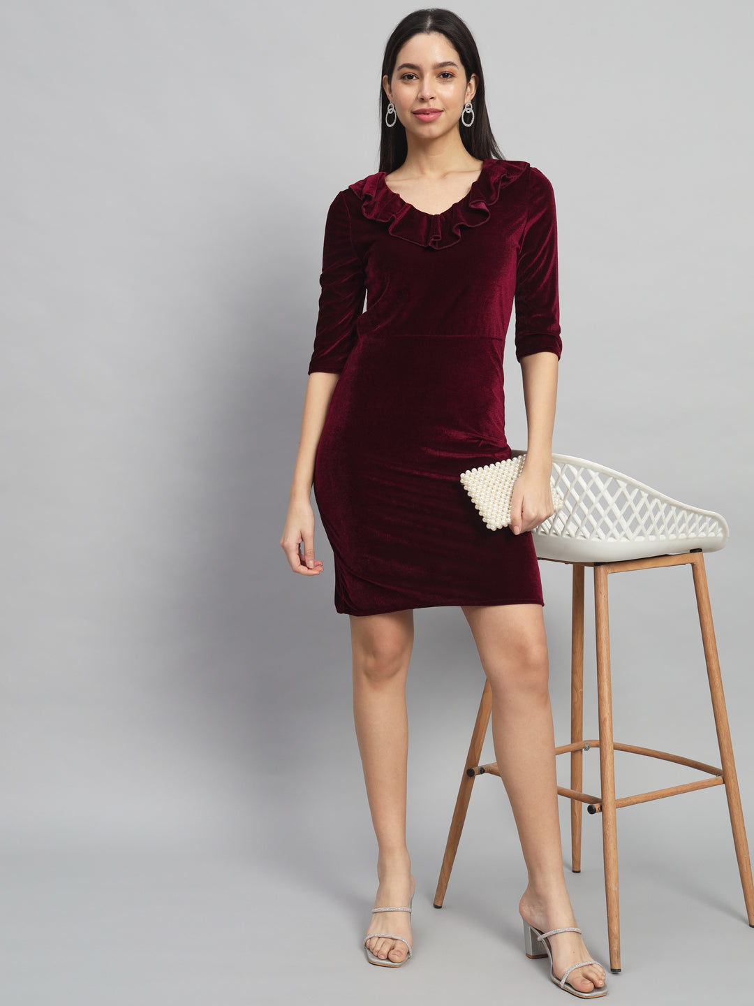 Half Sleeves Above Knee Party Dress Sporty Maroon