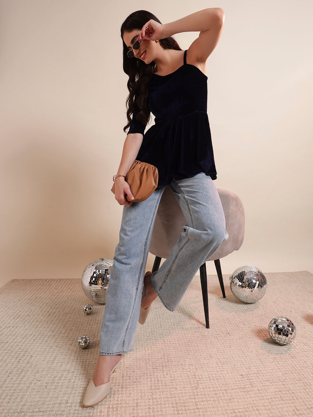 Solid One Shoulder Velvet Peplum Top